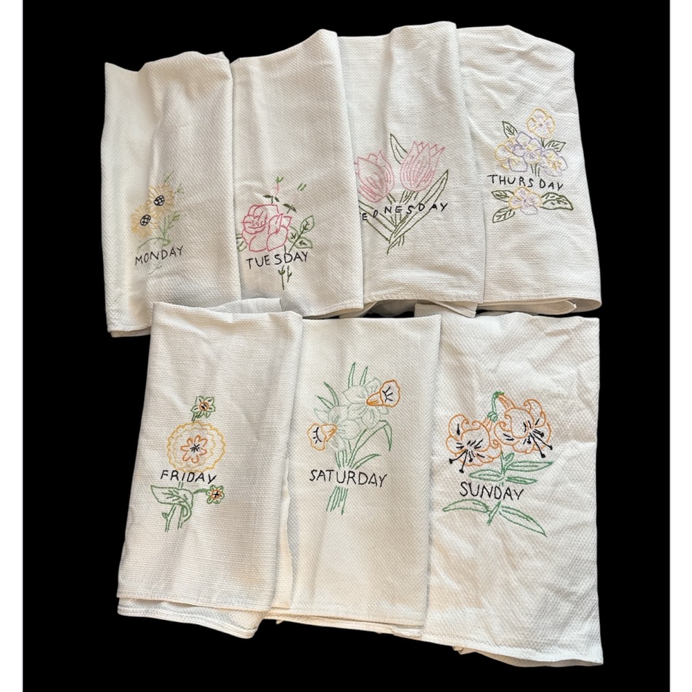 Vintage Days of the week  homemade  embroidered tea towels